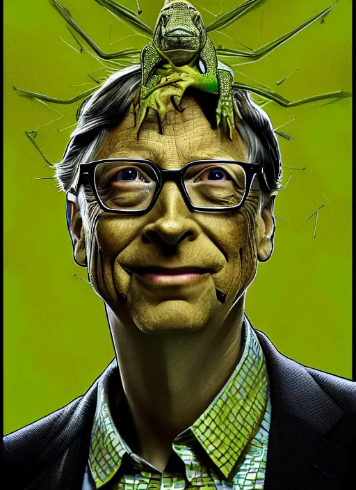 Prompt: bill gates as a reptile with green scales and yellow vertical pupills!!!, holding a syringe!!, portrait, intricate, elegant, highly detailed, digital painting, artstation, concept art, wallpaper, smooth, sharp focus, illustration, art by h. r. giger and artgerm and greg rutkowski and alphonse mucha