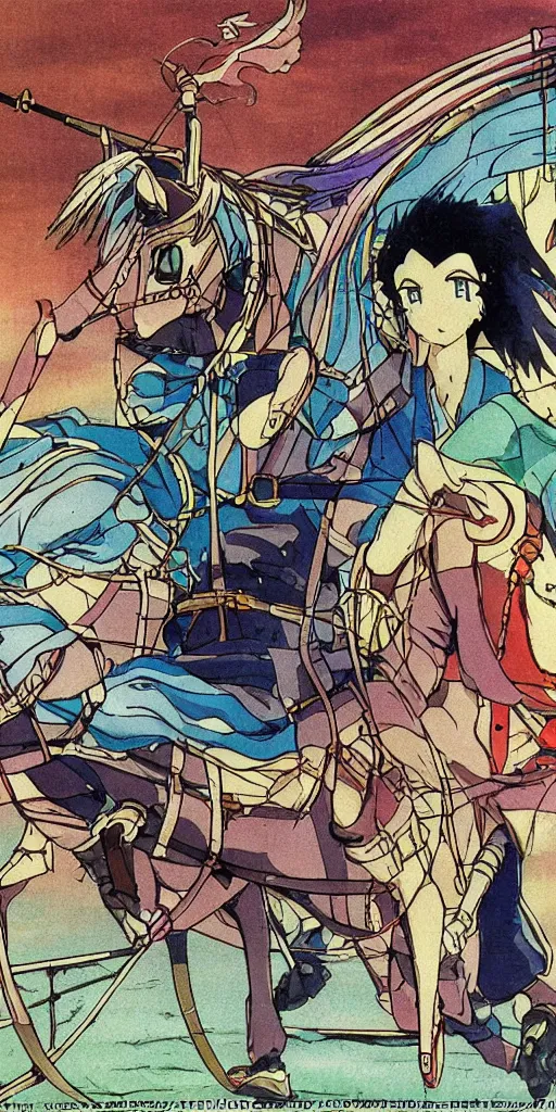 Image similar to a chariot drawn by horse in japan, 1990s anime, full color,