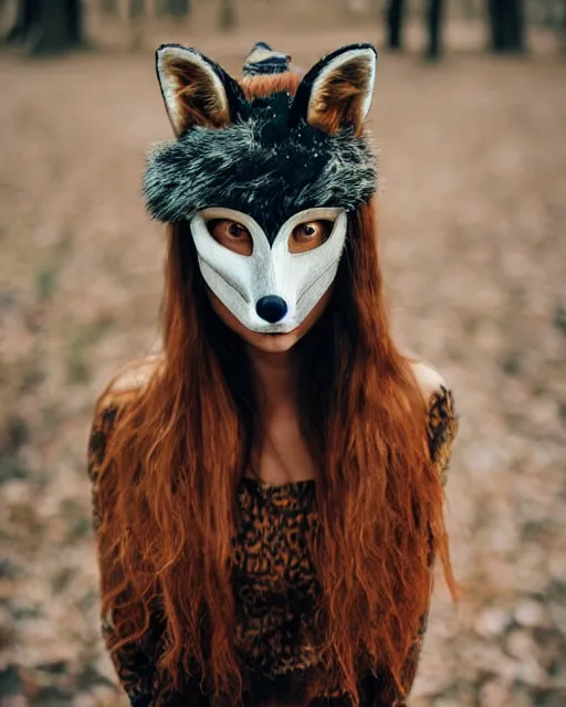 Image similar to a head and shoulders portrait of a beautiful woman wearing a fox half mask, a mask that just covers her eyes, long flowing hair, photorealism, by Nina Masic, by Flora Borsi, by Ilya Kuvshinov, 50mm f/1.4, bokeh, kodak ektar