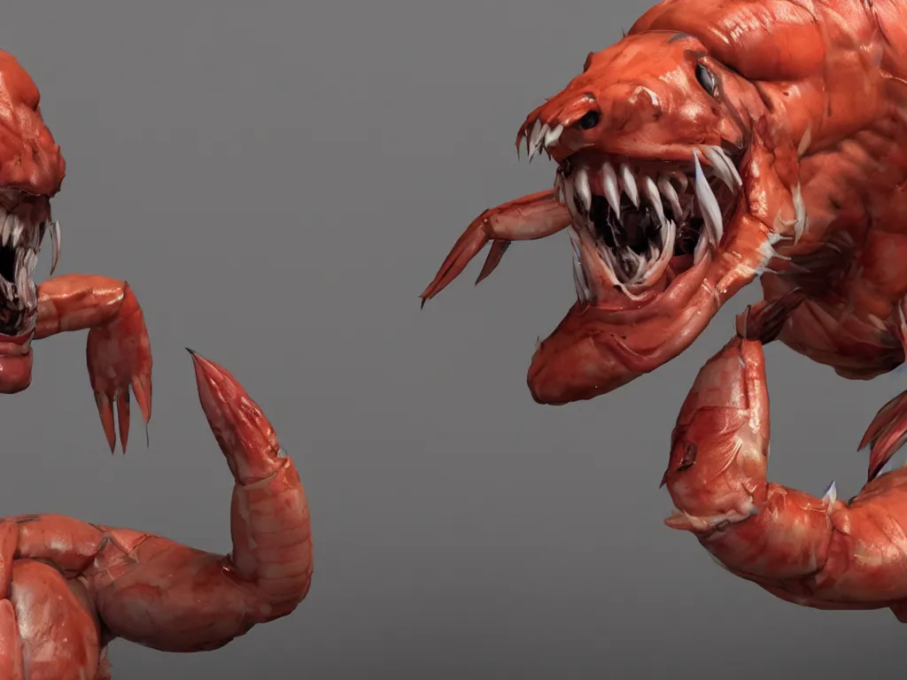 Prompt: game concept art, muscular, shrimp head, sharp teeth, hyperrealism, artstation, cgsociety, zbrush, no background