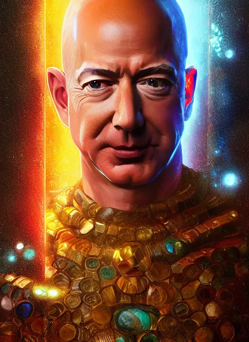 Prompt: jeff bezos collecting the infinity stones, au naturel, hyper detailed, digital art, trending in artstation, cinematic lighting, studio quality, smooth render, unreal engine 5 rendered, octane rendered, art style by klimt and nixeu and ian sprigger and wlop and krenz cushart.