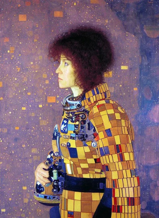 Image similar to woman astronaut in profile, holding a sword, painting by gustav klimt, detailed, ambient lighting, photo realistic, 8 k