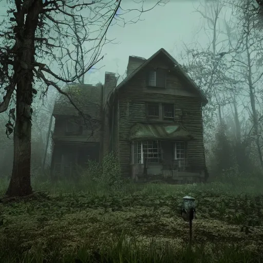 Image similar to a creepy scene of a swampy area with a house in the background, a screenshot by senior environment artist, polycount, gothic art, cryengine, playstation 5 screenshot, unreal engine 5