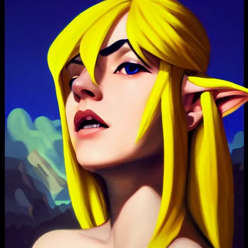 Image similar to portrait of a female Link from legend of Zelda, face, asymmetrical, profile picture, Organic Painting, sunny day, Matte Painting, bold shapes, hard edges, street art, trending on artstation, by Sam Youn and Gil Elvgren