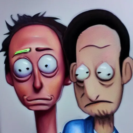 Image similar to realistic rick and morty, human form, portrait, photorealistic