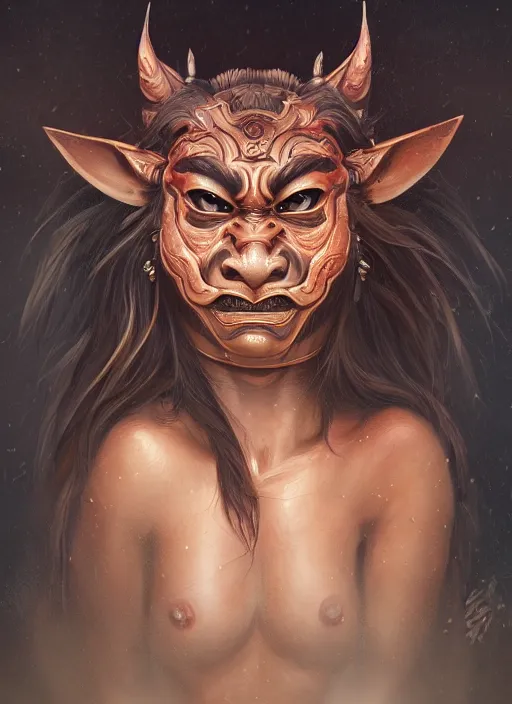 Image similar to a beautiful detailed oil on copper art illustration of a oni hannya mask shogun boar woman, centered, by charlie bowater, zeng fanzh, trending on artstation, dim dusk lighting, cinematic lighting, detailed lighting, volumetric lighting, realistic, f 8, 4 k hd wallpaper