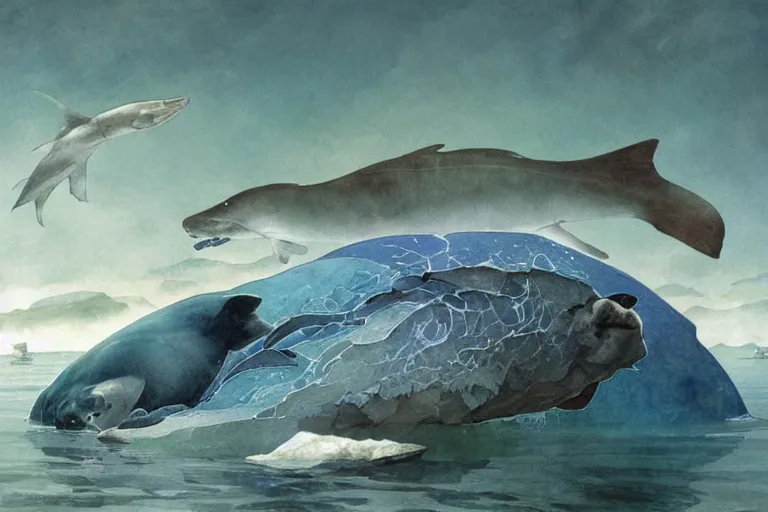 Prompt: a pilosaurus hunting a baby harp seal in the Arctic, swimming among fish in a gray and blue ocean of worrying intent, water color, art by artgerm and greg rutkowski and alphonse mucha and jin xiaodi and anthony devine