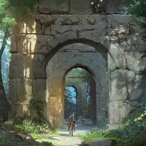 Image similar to concept art painting of an ornate ancient stone archway, in the woods, realistic, detailed, cel shaded, in the style of makoto shinkai and greg rutkowski and james gurney