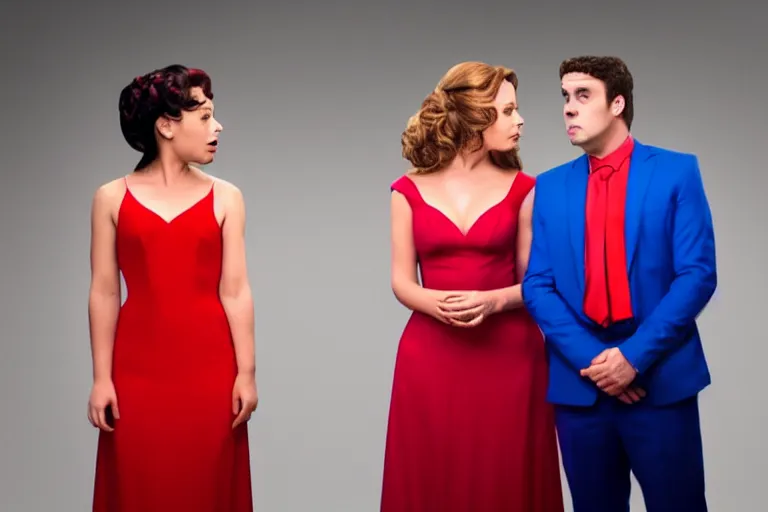 Image similar to full body film still of a man longingly looking at a woman in a red dress as a woman in a blue dress looks disgusted at the man in the new romance comedy movie, dramatic angle, dramatic lighting