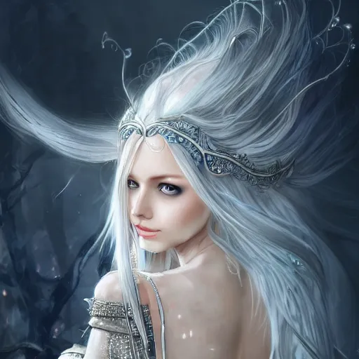 Image similar to an elven woman with long, silver hair cascading down her back. she has delicate, angular features and piercing blue eyes. she's clad in a flowing white dress with intricate silver embroidery, dynamic lighting, photorealistic fantasy concept art, trending on art station, stunning visuals, creative cinematic, ultra detailed