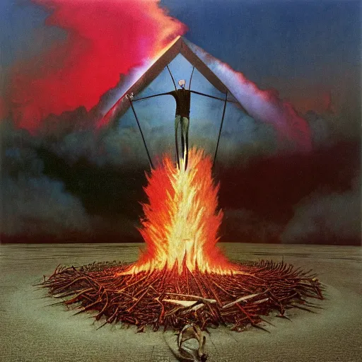 Prompt: a man burns with fire in a white city, pink floyd album cover, 1 9 7 0's, by storm elvin thorgerson, moebius, craig mullins, beksinski, bruegel, greg rutkowski, alphonse mucha, and yoshitaka amano, colorful flat surreal design, hd, 8 k, artstation