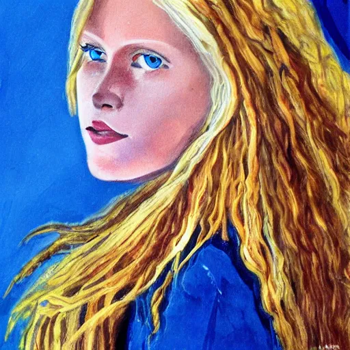 Prompt: woman with long blonde hair and blue eyes by stanley artgem lau