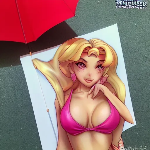 Image similar to beautiful princess peach in a bikini on the beach drawn by artgerm