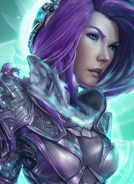 Image similar to close up portrait of sci - fi alleria windrunner with purple hair, pale blue backlight, powerful, domineering, stoic, intense, ultrafine hyperdetailed illustration by kim jung gi, irakli nadar, intricate linework, sharp focus, octopath traveler, yoji shinkawa, highly rendered, detailed, concept art