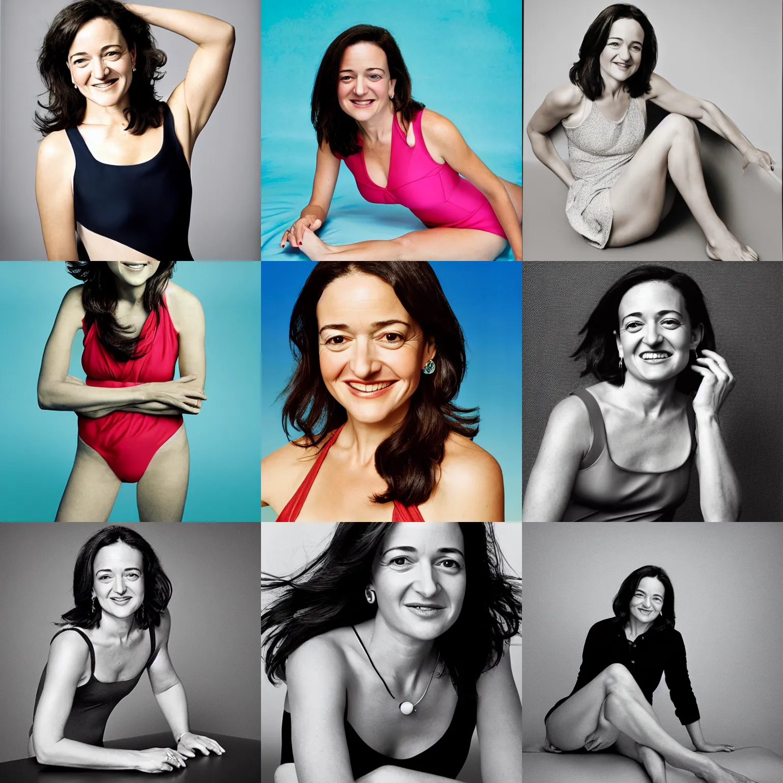 Prompt: Photo of Sheryl Sandberg in swimsuit, soft studio lighting, photo taken by Martin Schoeller for Abercrombie and Fitch, award-winning photo, 24mm f/1.4