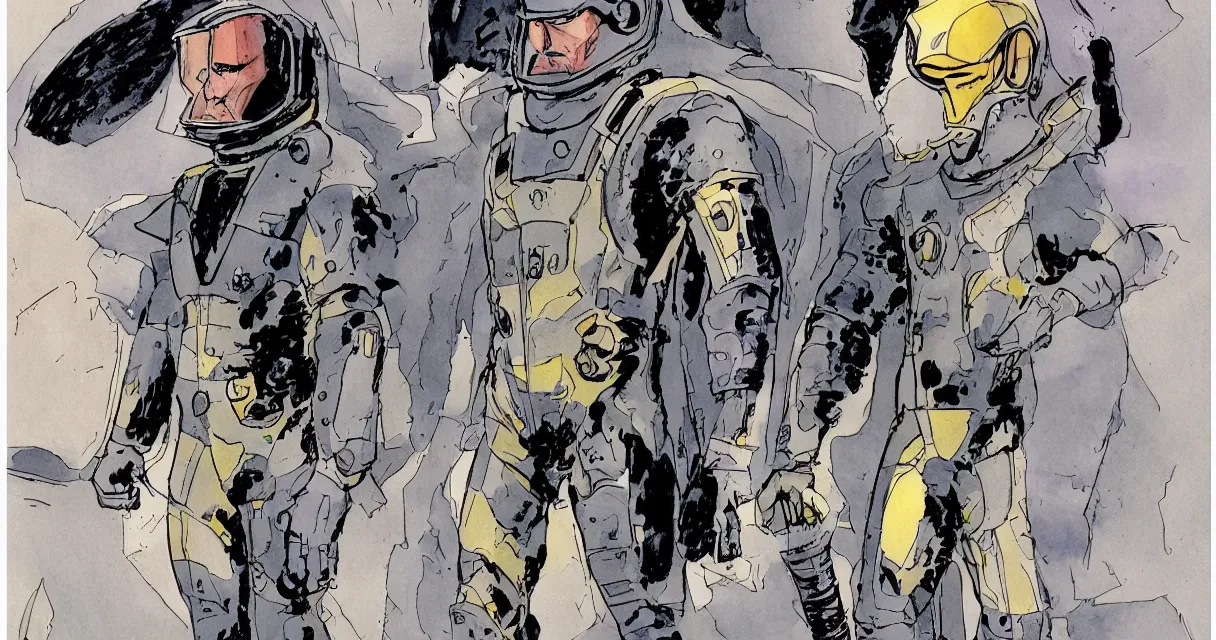 Image similar to male, heroic figure, space suit with a modern helmet, character sheet, science fiction, very stylized, concept design, pen and ink, digital painting, watercolor wash, by mike mignola, by alex maleev, jean giraud