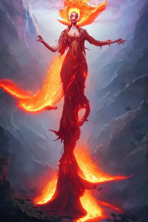 Prompt: beautiful powerful eldritch fire goddess clothed in a flaming gown, volcanic embers, magma, detailed matte fantasy portrait, dynamic lighting, bokeh backdrop, by greg rutkowski, by peter mohrbacher, by brom