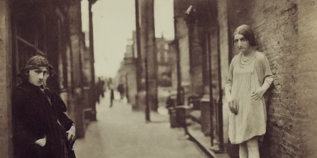 Image similar to a young woman with freckles looks deeply into the camera, 1920's london street, art nouveau, dark streets, grungy, style of Joel Meyerowitz, gustav klimpt, colour painterly