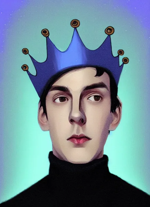 Image similar to portrait of teenage jughead jones wearing a light grey crown, crown, blue turtleneck, 1 9 5 0 s, closed eyes, photorealistic, black hair, glowing lighting, intricate, elegant, glowing lights, highly detailed, digital painting, artstation, concept art, smooth, sharp focus, illustration, art by wlop, mars ravelo and greg rutkowski