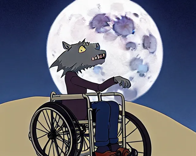 Prompt: a cell shaded cartoon grey lovecraftian wolfman in a wheelchair from howl's moving castle ( 2 0 0 4 ), with a big head, on a desert road, wide shot, in front of a big moon, muted colors, post grunge, studio ghibli, james jean, victor ngai, hq, deviantart, art by artgem