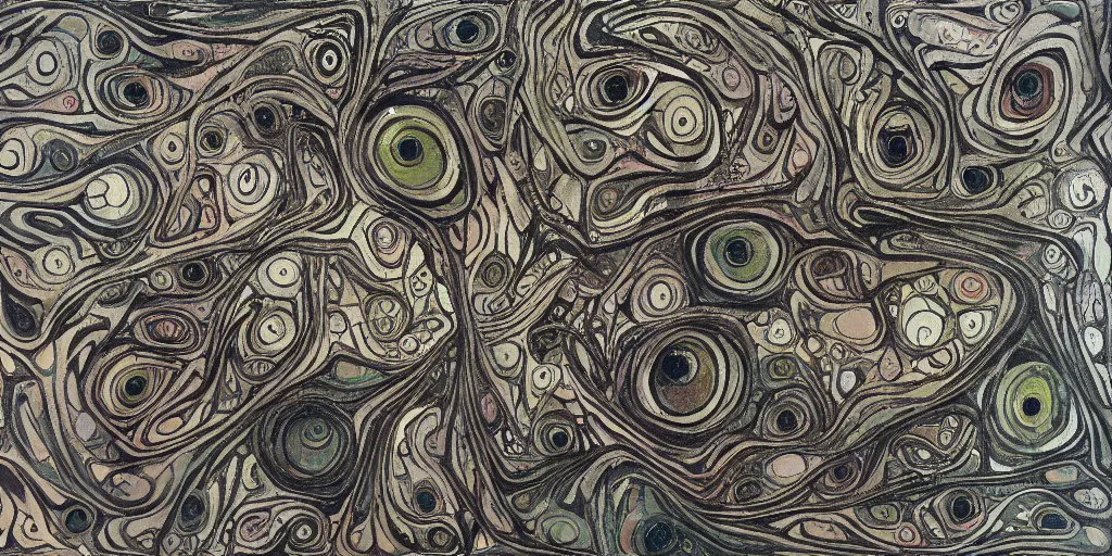 Image similar to camo of eyes, technical, acrylic, teeth, eerie, tribal, clay, dots, lines, stipple, points, grid, cybernetic, old painting, francis bacon, swirly eyes, hypnosis, eerie, sharp