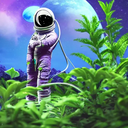 Prompt: lonely astronaut in alien planet filled with plants, with beautiful purple sky, realistic, 4 k, ultra hd