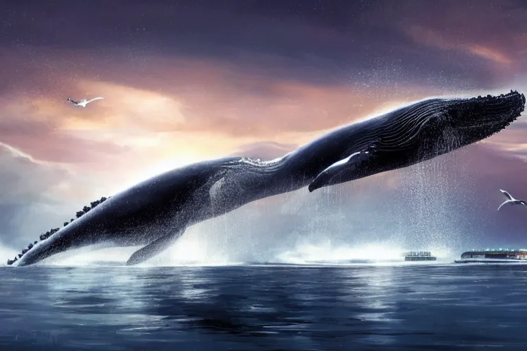 Image similar to a humpback whale flying over the NFL Super Bowl Stadium cinematic lighting by Jessica Rossier