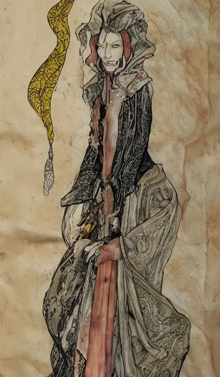 Image similar to cate blanchet , hanging scroll, ink and colours on silk, high detail