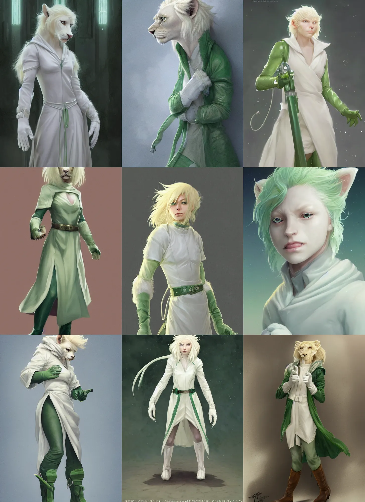 Prompt: beautiful portrait of a good female anthropomorphic albino lioness fursona wearing pale - white and pale - green jedi robes. leather gloves. leather boots. character design by charlie bowater, ross tran, artgerm, and makoto shinkai, detailed, soft lighting, rendered in octane
