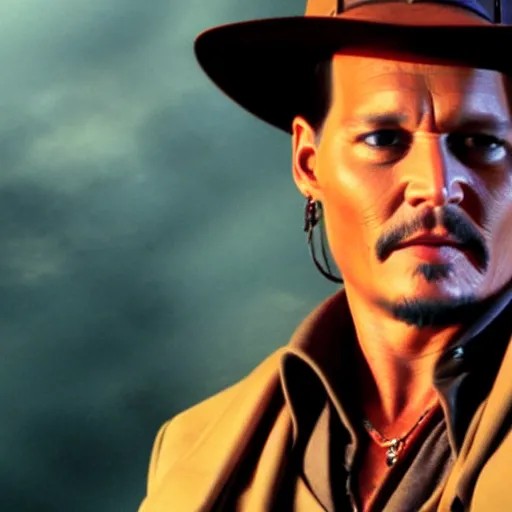 Image similar to johnny depp as indiana jones, cinematography lighting