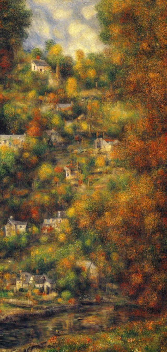 Prompt: a painting of a sparse village of sparse stone cottages underneath a dense forest, with a cascading river and pristine reflect. gorgeous, elegant, sophisticated, an ultrafine painting, intricate brused strokes, bright depth oil colors, by renoir and rembrandt style, mist diffuse promiseful illumination, autumn sunrise warm light, detailed and intricate environment of hope