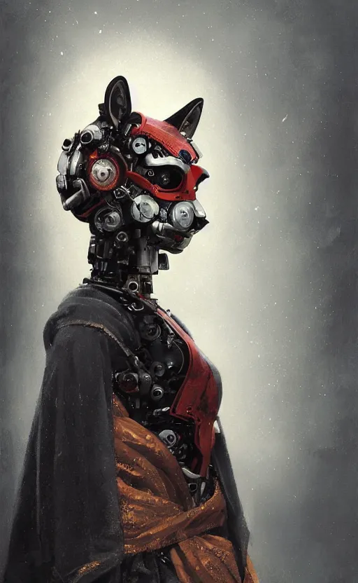 Prompt: a geisha cybernetic enhancements wearing a fox face mask, kimono, detailed mask, scifi character portrait by greg rutkowski, esuthio, craig mullins, 1 / 4 headshot, cinematic lighting, dystopian scifi gear, gloomy, profile picture, mechanical, half robot, implants, steampunk