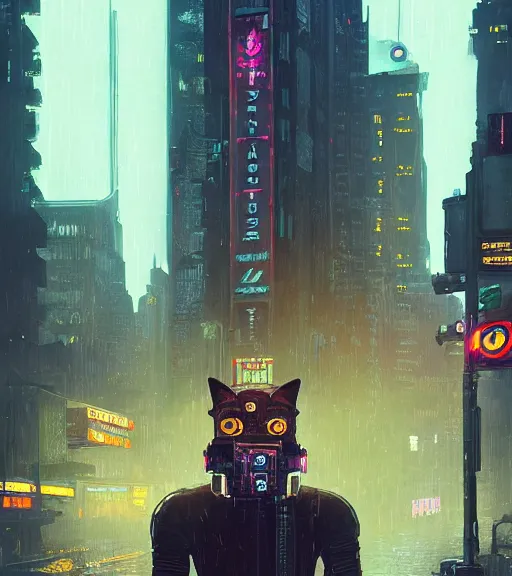 Image similar to new york city portrait of furry anthro anthropomorphic stylized cat head android service droid robot machine fursona wearing gloomy rainy screenshot from the video game cyberpunk 2077 digital art by Greg Rutkowski, Simon Stalenhag, christopher nolan trending on Artstation, CGSociety