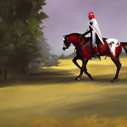 Image similar to darth maul riding his horse in his big iowa property, realistic painting