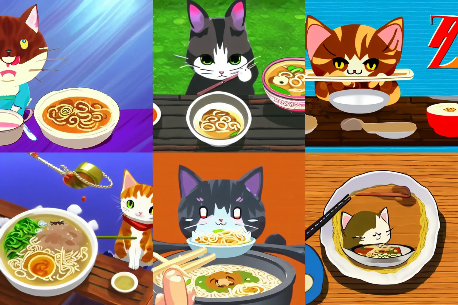 Prompt: Cute kawaii cat eating a bowl of ramen in The Legend of Zelda Breath of the Wild, toon shading, npr, white background, aspect ratio 16:9
