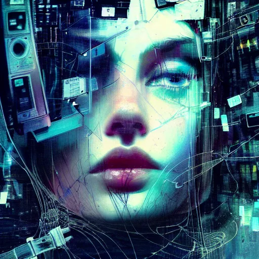 Image similar to beautiful young cybernoir woman vr dreaming in a glitchcore world of wires, and machines, by jeremy mann, francis bacon and agnes cecile, and dave mckean ink drips, paint smears, digital glitches glitchart