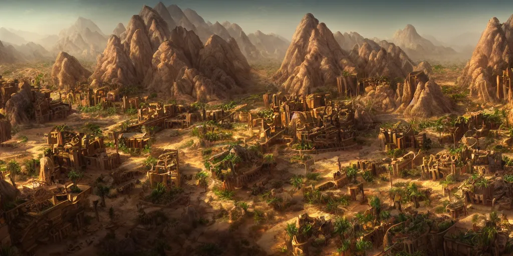 Image similar to Sprawling high fantasy oasis desert village, Cinematic Matte Painting, Insanely Detailed, Award Winning, Trending on Artstation, 8k, UHD