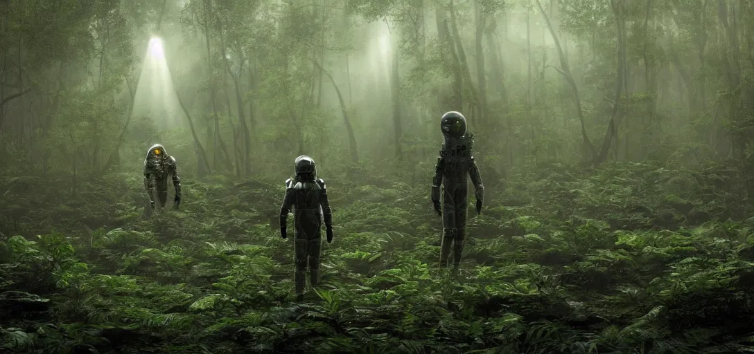 Image similar to a nasa astronaut visiting a complex organic fractal metallic symbiotic ceramic humanoid megastructure creature in a swampy lush forest, foggy, sun rays, cinematic shot, photo still from movie by denis villeneuve, wayne barlowe