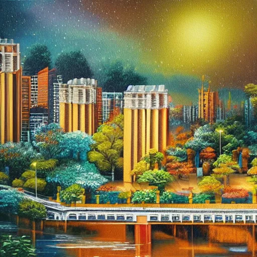 Image similar to Beautiful city of the future in harmony with nature. Nice colour scheme, soft warm colour. Beautiful detailed painting by Lurid. (2022)