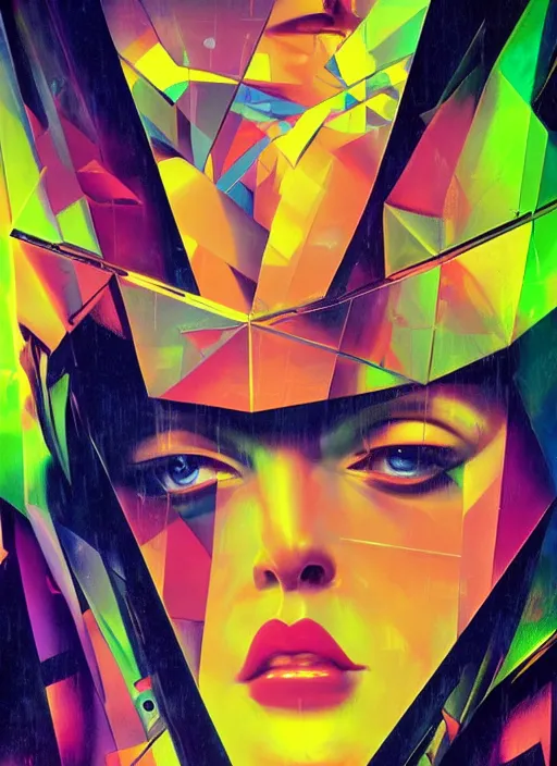 Image similar to futuristic lasers, data visualization, cyberpunk visor rain, wet, oiled, sweat, girl pinup, by steven meisel, james jean and rolf armstrong, geometric cubist perfect geometry abstract acrylic and hyperrealism photorealistic airbrush painting with retro and neon colors