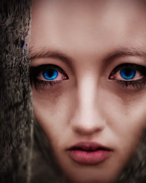 Image similar to detailed eyes, beutiful face of an underwater human descendant fishwoman, darkness, macro lens, very deep sea, mariana trench, dark, hd, dagon, fishpeople