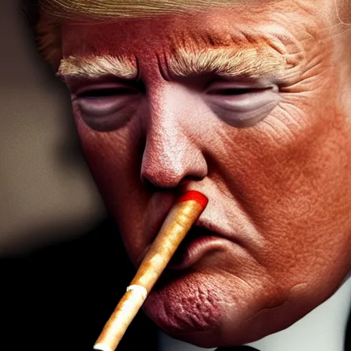 Image similar to a high detail photo of donald trump smoking a cigarrette, subject= donald trump, subject detail: extremly detailed, subject action: smoking a cigar, photorealism, dramatic lighting, award winning photograph, trending on artstation