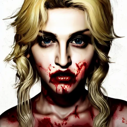 Prompt: portrait of eighties young madonna ciccone with blonde streaked hair as a zombie with cuts on face, 7 days to die zombie, fine art, award winning, intricate, elegant, sharp focus, cinematic lighting, highly detailed, digital painting, 8 k concept art, art by guweiz and z. w. gu, masterpiece, trending on artstation, 8 k