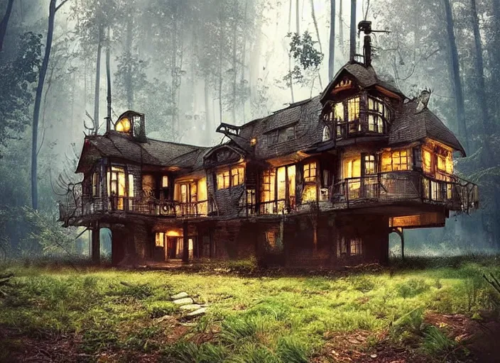 Image similar to house in a clearing in the middle of the forest, beautifully lit, steampunk, retro science fiction vintage art