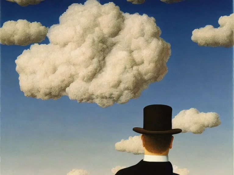 Image similar to man made out of clouds, painting by rene magritte, high detail, high resolution