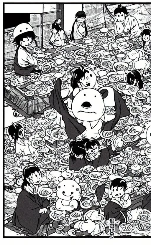 Image similar to Japanese manga style, white elephants eat instant noodles.