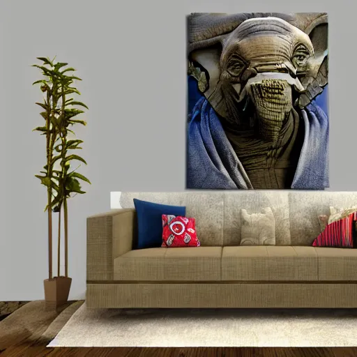 Image similar to elephant yoda patriot potus, modern art placed in a large living room, art designers magazine HD photo superrealism 3d 8k resolution