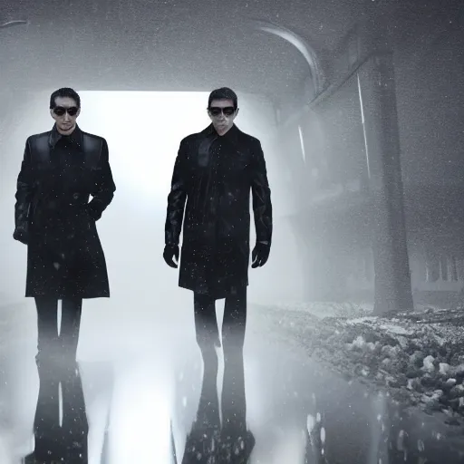 Image similar to 2 blurred men in black leather in a brutalist landscape in winter, heavy rain and mist, cinematic lighting