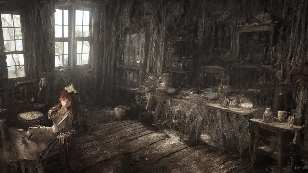 Image similar to a witch sitting in the shadows on the inside of a decrepit cottage, highly detailed interior, hyperrealistic, Cryengine 8k UHD