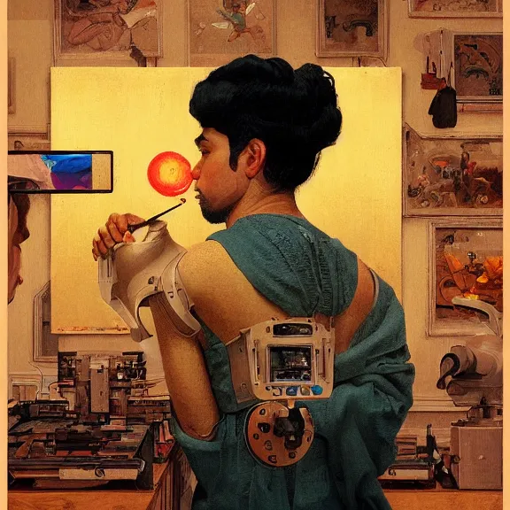 Prompt: robot artist painting a self - portrait on a canvas. intricate, highly detailed, photorealistic, digital matte painting, in the style of alexandros pyromallis, and in the style of sachin teng, and in the style of hans thoma, and in the style of gil elvgren. irony, recursion, golden hour.